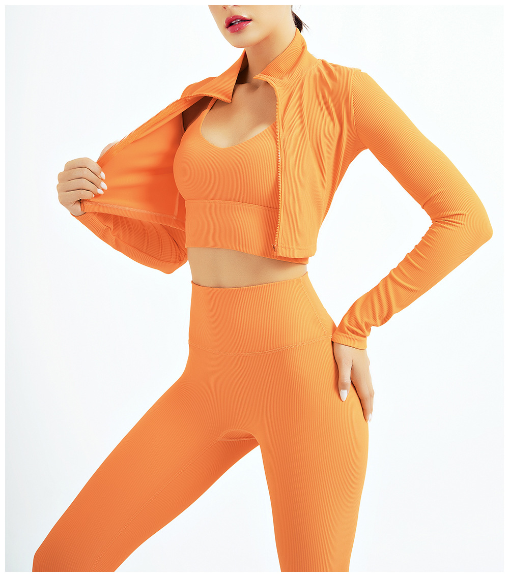 China Custom sports bra yoga sets zip top high waist leggings 3 piece  activewear set women fitness apparel factory and suppliers