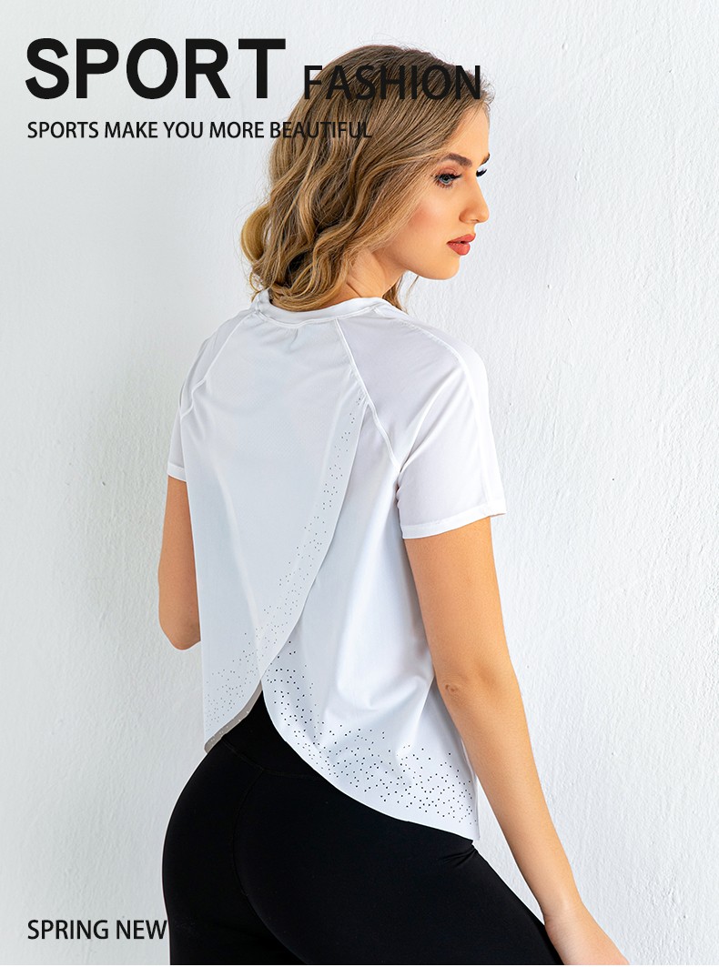 China Plain Gym Back Slit Top Custom Nylon Spandex Short Sleeve Women Yoga  T shirt factory and suppliers